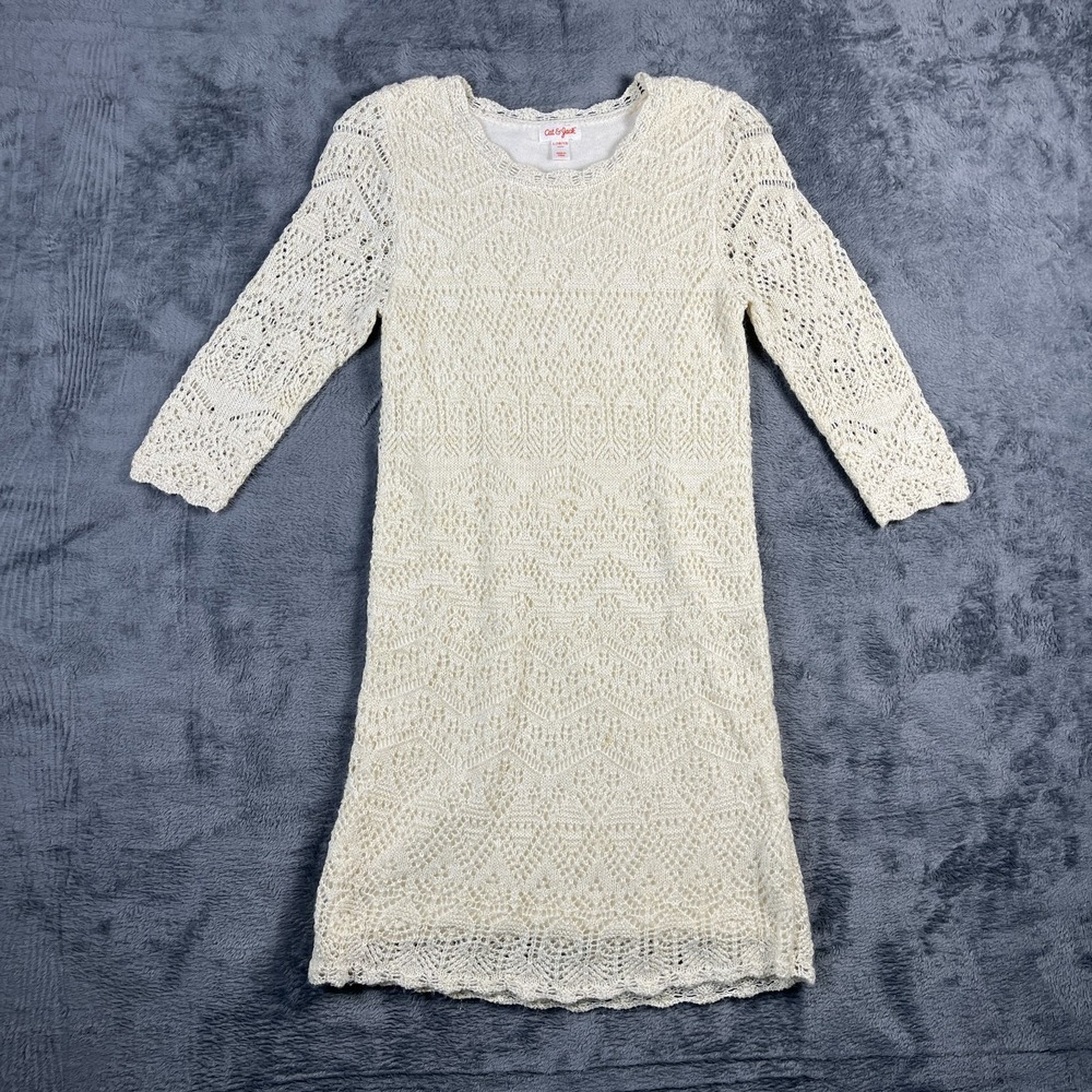 Cat & Jack Shift Dress Girls L 10/12 Beige Crochet Metallic Shimmer Scallop Hem